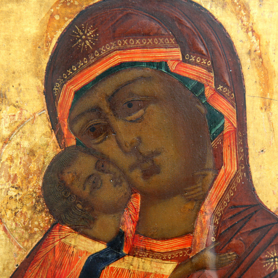 Старинная икона 19 века Богородица Владимирская или Богородица Сладколобзающая. Старинная икона с экспертизой! 
