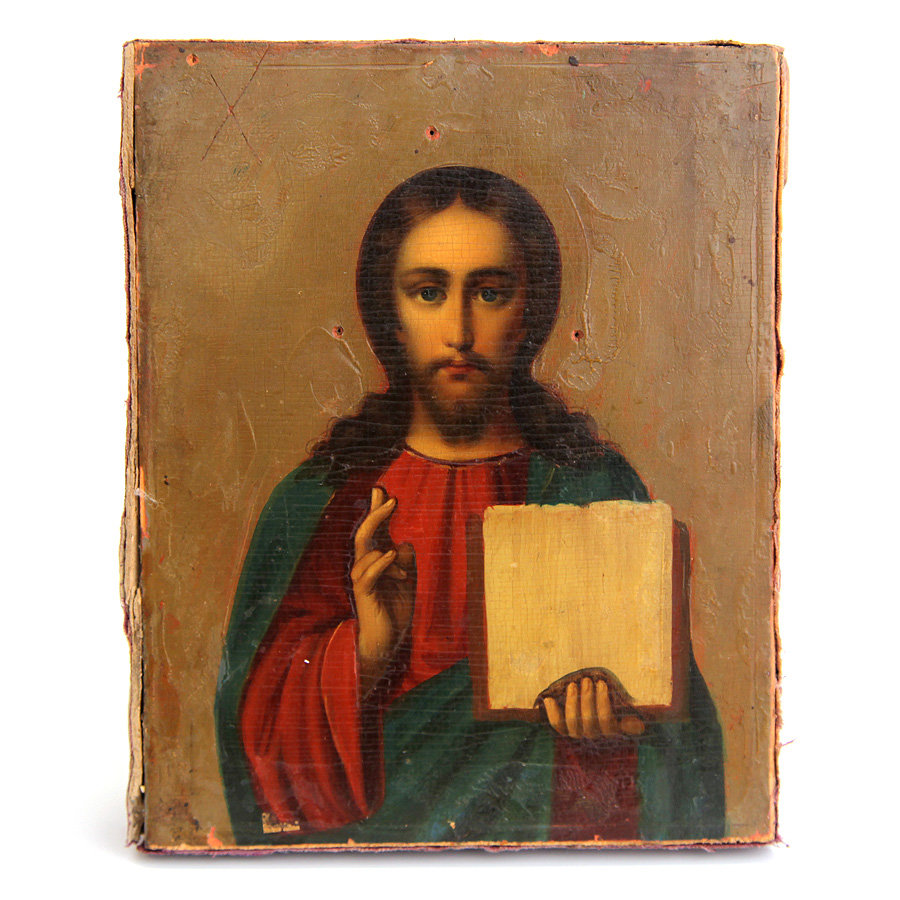 Старинная икона Господь Вседержитель с раскрытым евангелием и датами на обороте 1901-1911 год.