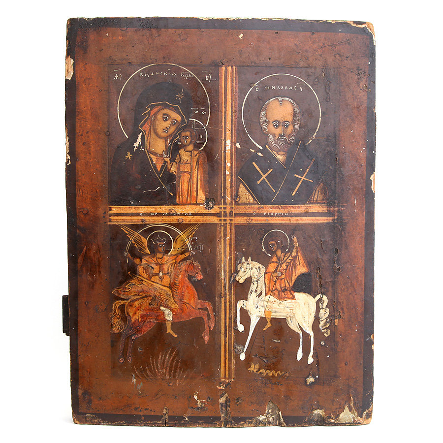 Старинная 4-частная икона или домашний иконостас с патрональными-именными святыми покровителями. Россия 19 век.