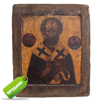 Старинная икона святого Николая Чудотворца с ковчегом в архаичном стиле. Россия 19 век.