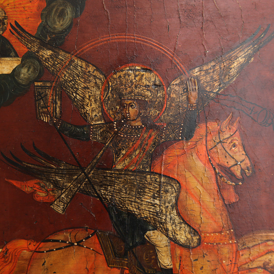 Старинная икона Образ Святого Архангела Михаила с избранным святым Кондратом. Россия XIX век.