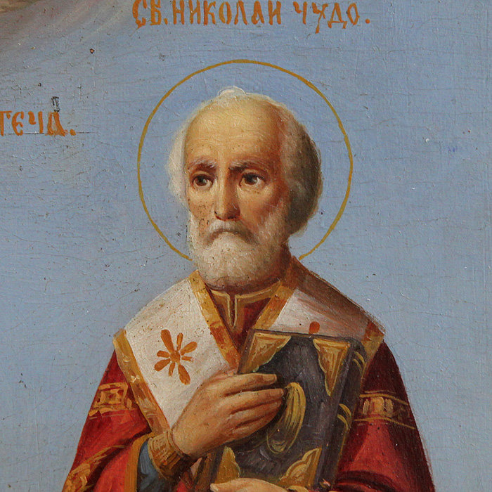 Старинная икона 1890 года в стиле афонских писем Святой Иоанн Предтеча, Святой апостол Иоанн Богослов и Святитель Николай чудотворец.
