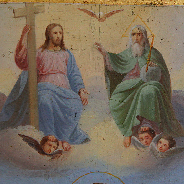 Старинная икона 1890 года в стиле афонских писем Святой Иоанн Предтеча, Святой апостол Иоанн Богослов и Святитель Николай чудотворец.