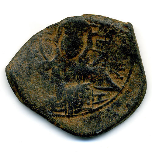 Древняя бронзовая монета Византийская Империя XI век. Роман III. Фоллис.