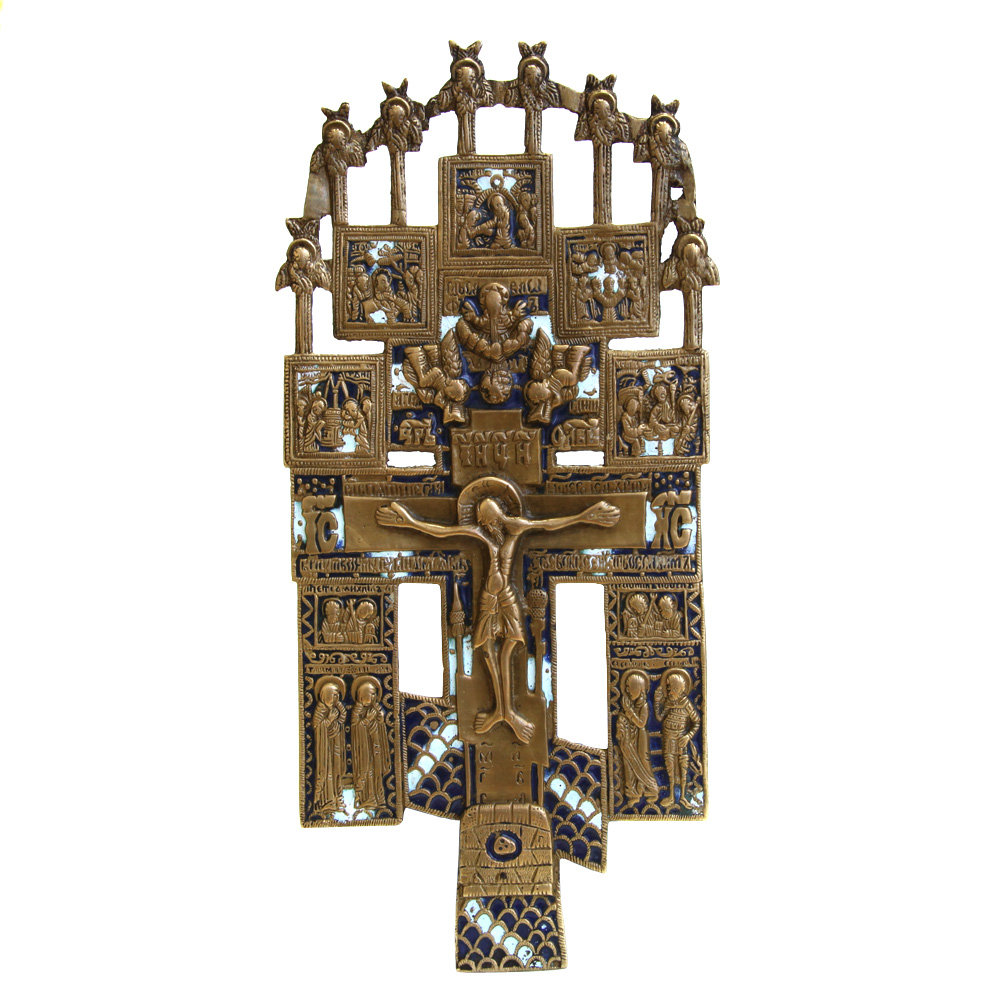 Большой старинный бронзовый крест Распятие Христово с избранными праздниками 26 см. Русское медное литье, Москва XVIII век.