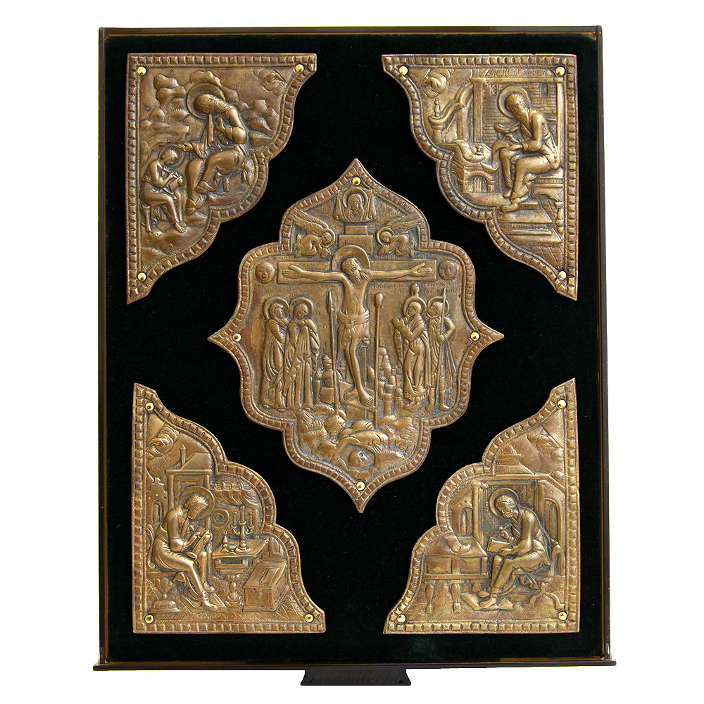 Полный комплект из 5 бронзовых накладок-барельефов на напрестольное Евангелие. Россия XIX век.