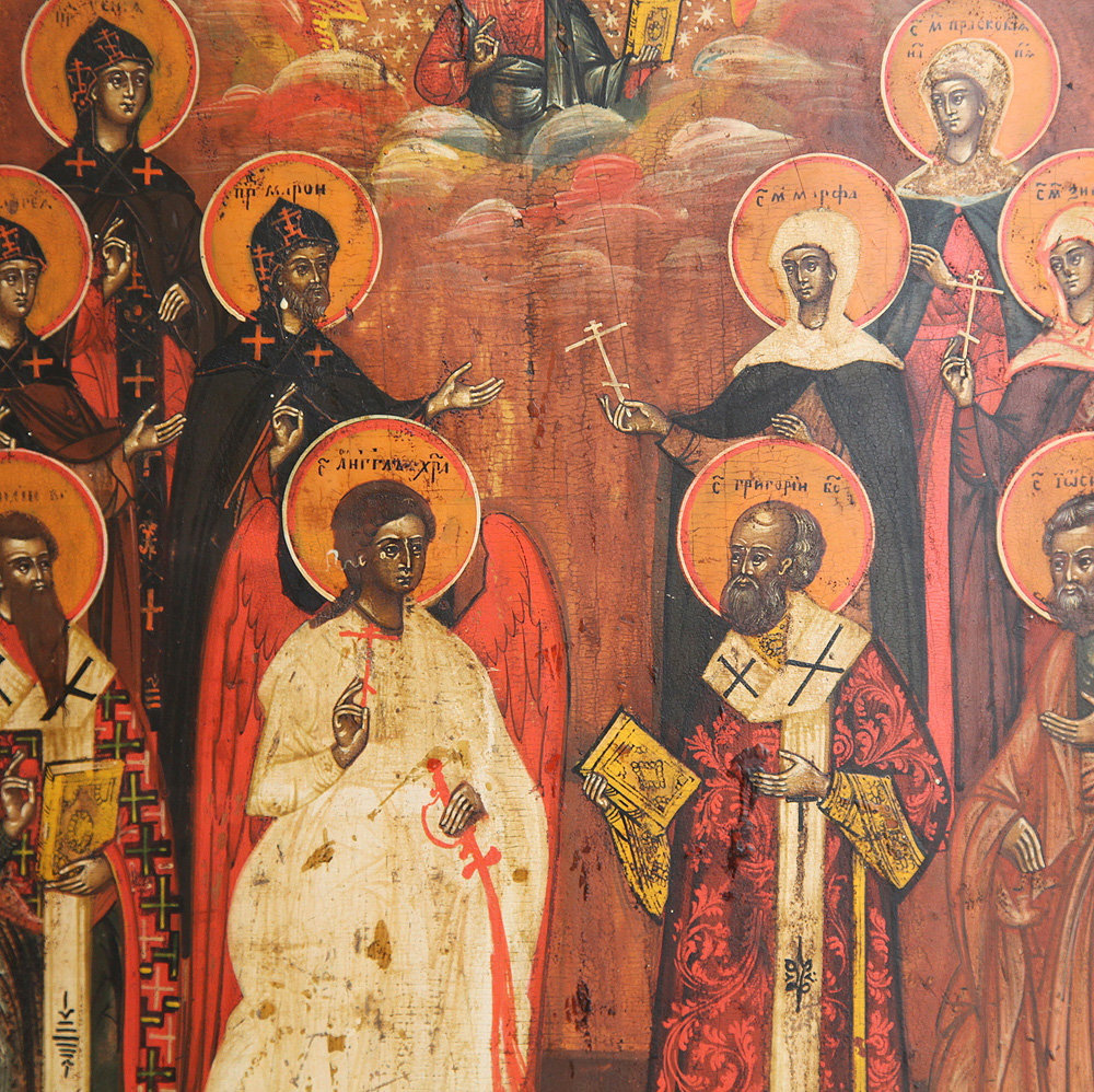 Коллекционная старинная икона святой Ангел Хранитель с избранными святыми. Россия, Гуслицы XIX век.