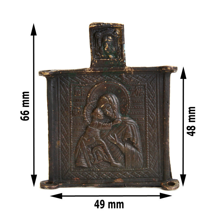 Центральная икона-средник старинного бронзового складня Богородица Владимирская. Россия 1850-1890 год