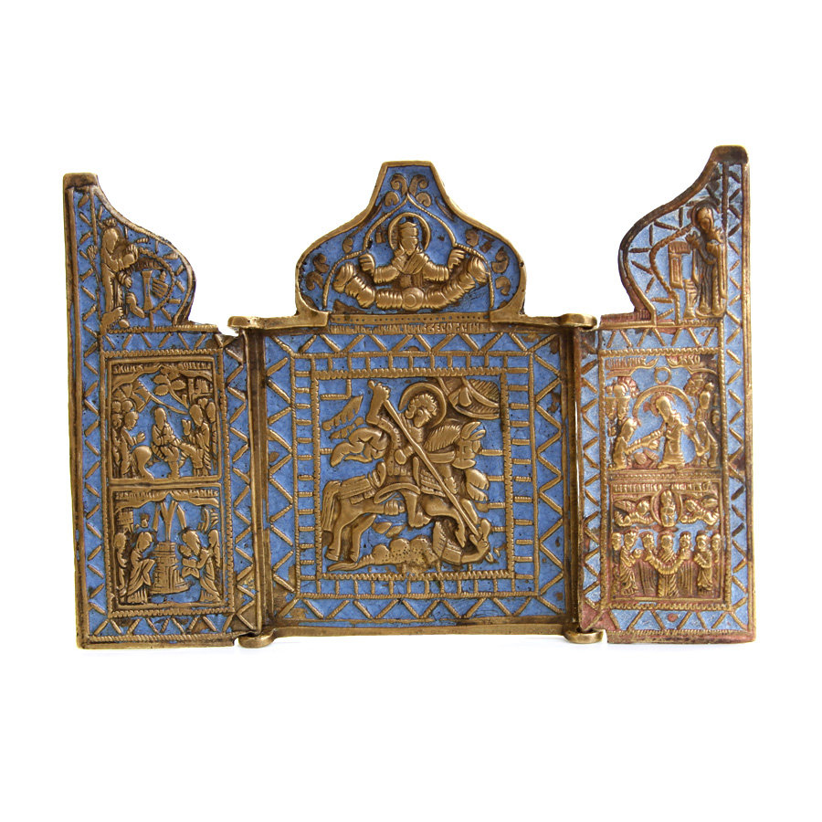 Старинный бронзового складень Святой Георгий Победоносец, синяя эмаль. Россия XIX век.