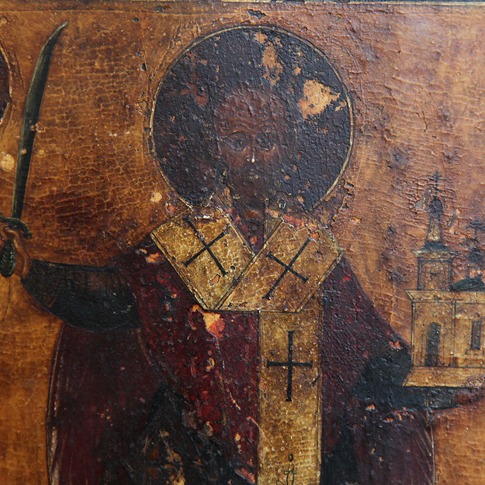 Старинная икона Святой Николай Чудотворец Можайский с избранными святыми на полях. Россия XIX век