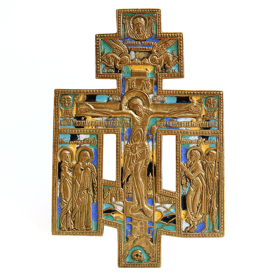Старинный бронзовый крест-икона Распятие Христово с предстоящими святыми, стекловидные эмали 5 цветов. Россия XIX век.