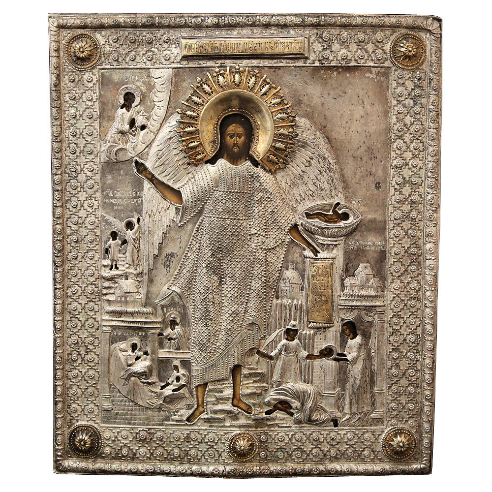 Старинная икона в посеребренном окладе Иоанн Предтеча – Ангел пустыни.  Россия, начало XIX века.