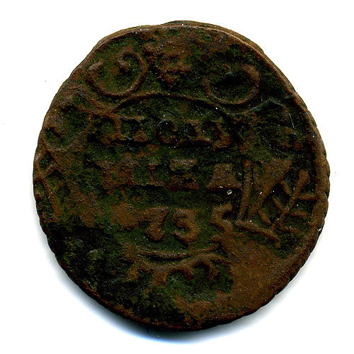 Старинная русская медная монета Полушка 1735 г