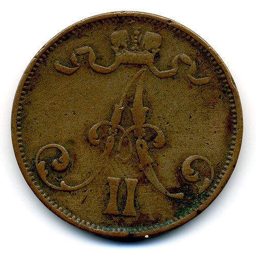 Старинная русская медная монета 5 PENNI 1875 Г РУССКАЯ ФИНЛЯНДИЯ.