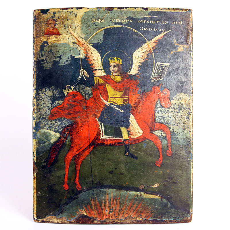 Старинная деревянная икона Святой Архангел Михаил на огненном коне. Россия, XIX век.
