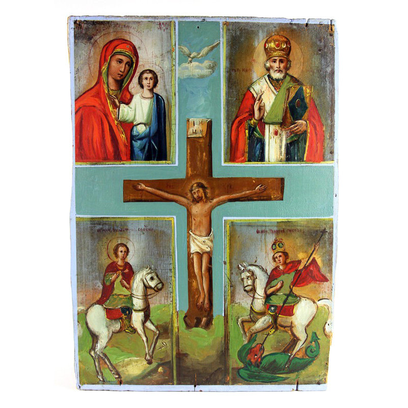 Старинная четырехчастная икона с избранными святыми. Россия, XIX век.