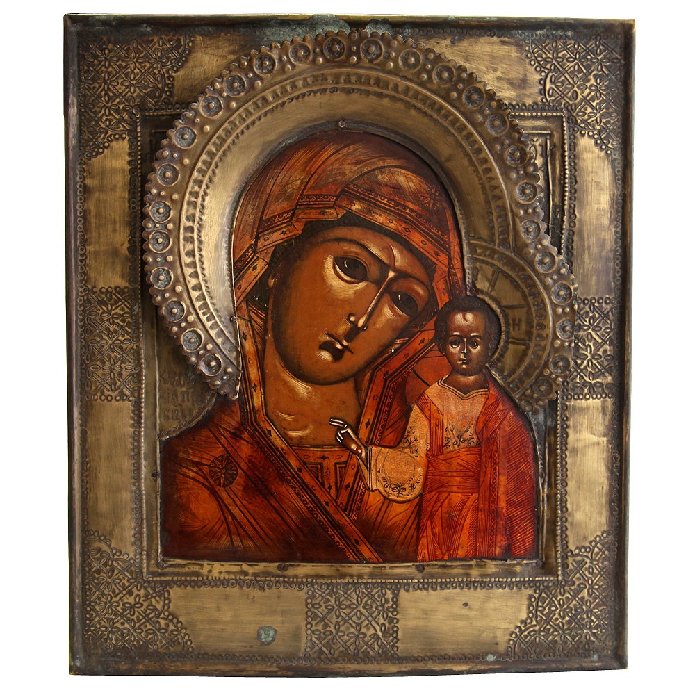 Старинная деревянная икона образ Казанской Божией Матери в открытом латунном окладе. Россия,  XIX век.