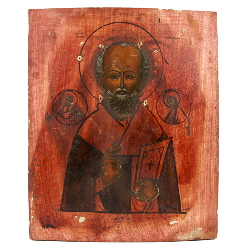 Старинная деревянная икона святой Никола Угодник. Россия, XIX век.