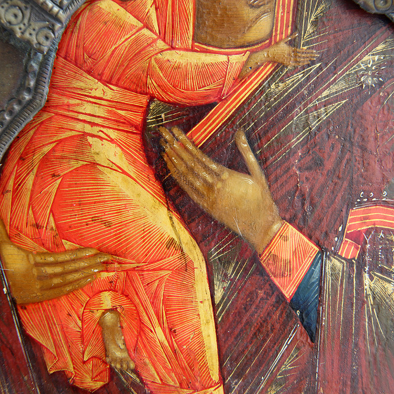 Старинная окладная деревянная икона Владимирской Божией Матери с приписными изображениями апостолов Петра и Павла. Россия 1860-1870 год