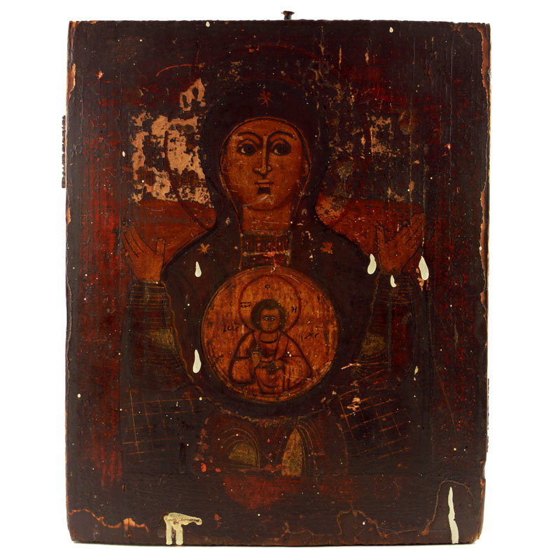 Старинная деревянная икона Богородица Знамение. Россия, XIX век.