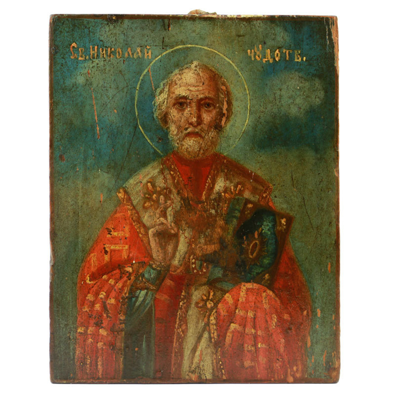 Старинная деревянная икона Николай Чудотворец. Россия, XIX век.