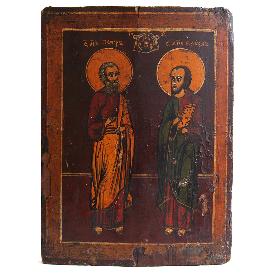Старинная деревянная икона Апостол Павел и Апостол Петр «Великие проповедники веры». Россия XIX век