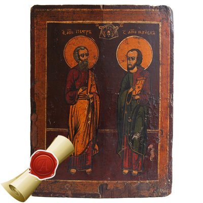Старинная деревянная икона Апостол Павел и Апостол Петр «Великие проповедники веры». Россия XIX век