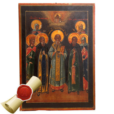 Старинная семейная именная  икона святые Григорий, Татьяна, Наталья, Елизавета, Александра и Иоанн. Россия июнь 1873 года.