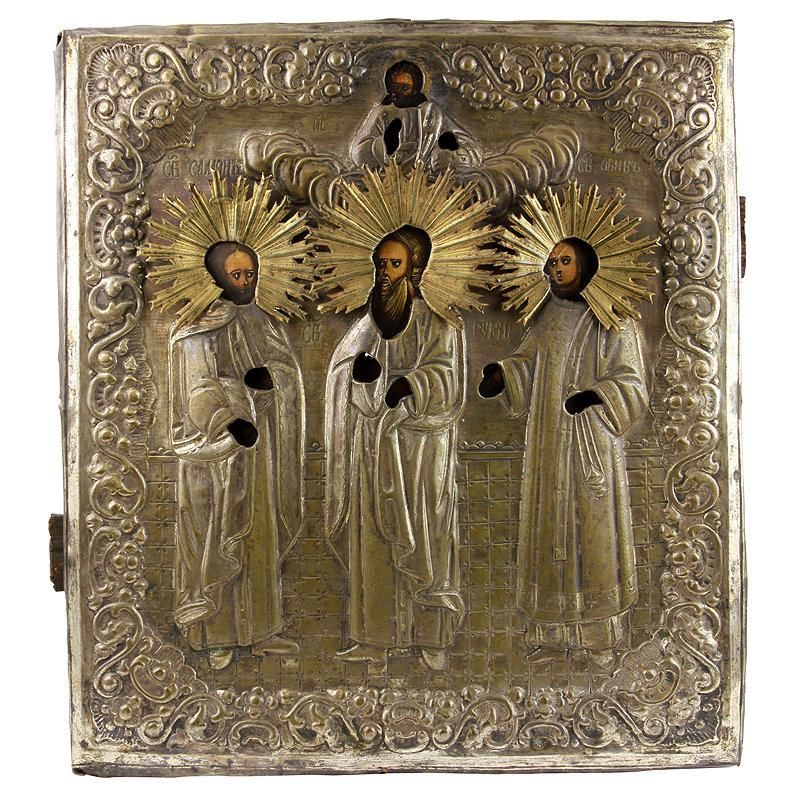 Старинная деревянная икона в латунном окладе святые мученики Самон, Гурий, Авив. Россия XIX век.