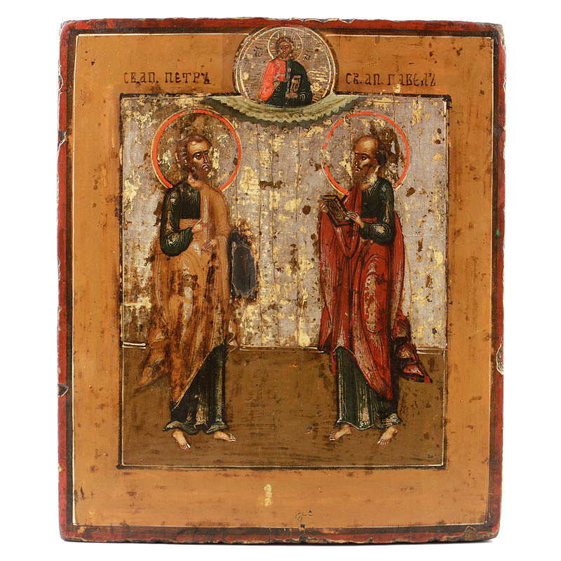 Старинная деревянная икона святые апостолы Петр и Павел. Россия, Центральный регион империи, XIX век.