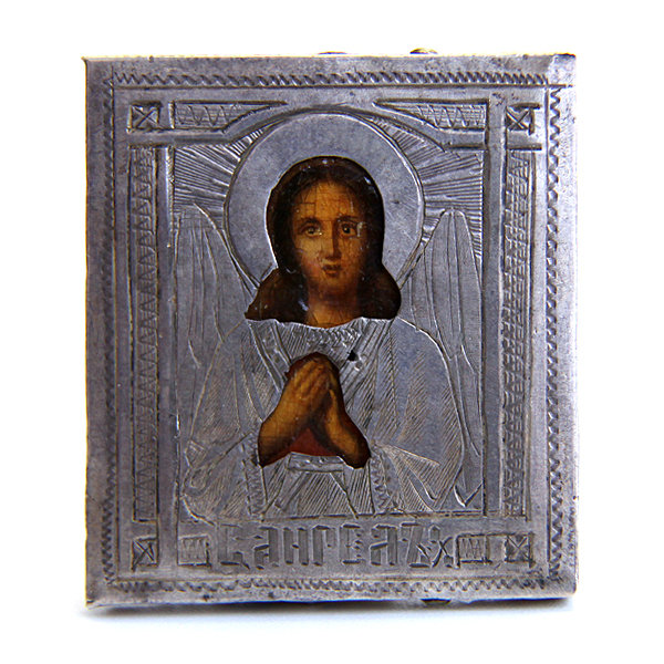 Старинная иконка в серебряном окладе Ангел-Хранитель, оклад серебро 84 проба 
