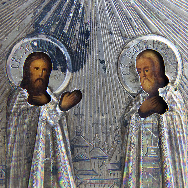 Старинная иконка в серебряном окладе святые Чудотворцы Зосима и Савватий Соловецкие, оклад серебро 84 проба 