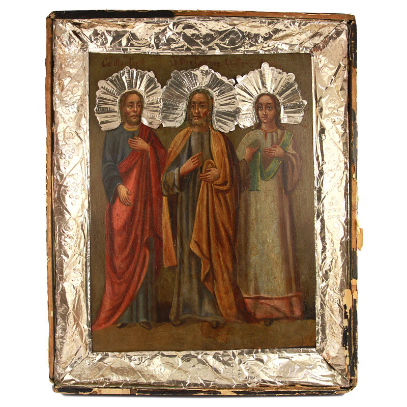 Старинная деревянная икона покровители семьи святые Гурий, Самон и Авив. Россия, XIX век.