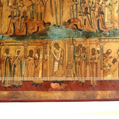 Старинная икона «Покров Пресвятой Богородицы» с подписанными 35 святыми. Россия, XIX век.