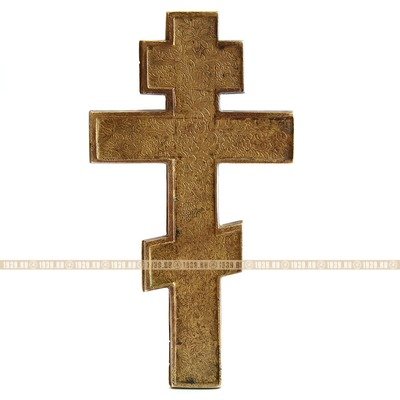 Старинный крест из бронзы, Распятие Христово для домашнего моления 20 см, 6 цветов эмали. Россия XIX век.