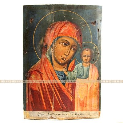Старинная православная икона Казанской Божией Матери, написанная на щепе. Россия XIX век.