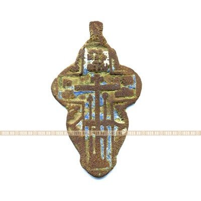 Крупный мужской старинный православный нательный крестик с белой и голубой эмалью 4,3 см