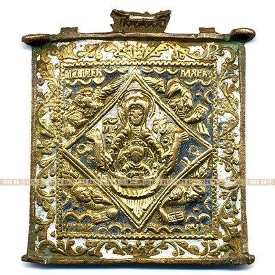 Бронзовая литая старинная иконка Божья Матерь Знамение с символами Евангелистов. Эмаль.