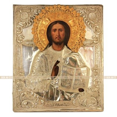 Старинная икона Спас Вседержитель в латунном окладе с серебрением и золочением. Россия 1840-1860 год