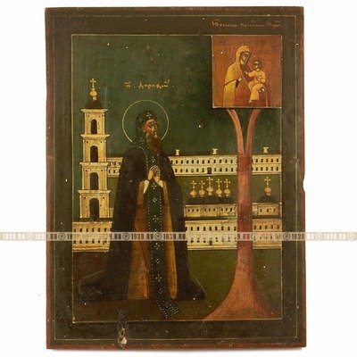 Старинная икона святой преподобный Дорофей Югский, икона в киоте. Россия, Югская Дорофеева пустынь 1860-1890 год