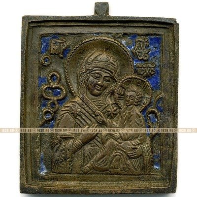 Старинная иконка образок 19 века Тихвинская Икона Божией Матери с оборотом. Эмаль.