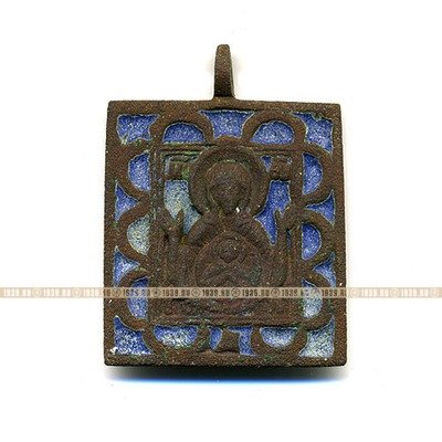 Старинный бронзовый образок 18 века Божья Матерь Знамение или Оранта с эмалью.