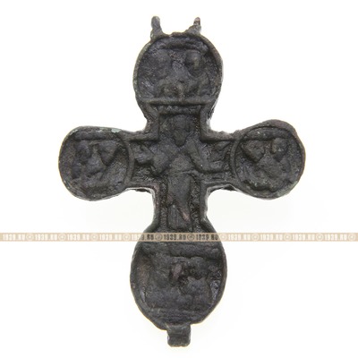 Большой древний крест энколпион с закругленными концами Илия (Илья) Пророк и Распятие Христово. Средневековая Русь XIV-XV век 