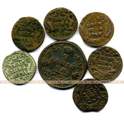 Небольшая коллекция из 22 старинных медных монет. Россия XVIII век.