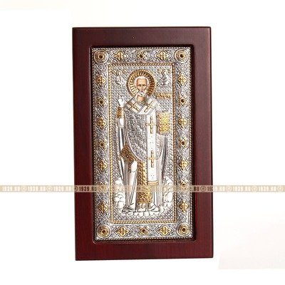 Подарочная православная икона в серебряном окладе Святой Николай Чудотворец. Серебро 998 пробы с золочением.