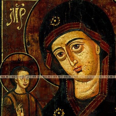 Писаная православная старинная икона Божья Матерь Троеручица.