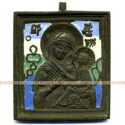 Старинная литая икона или бронзовый образок Тихвинская Икона Божией Матери с эмалью.