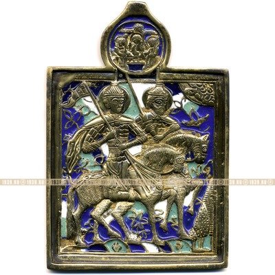 Красивая старинная литая икона Святые Благоверные князья Борис и Глеб эмали 5 цветов. Россия 19 век.