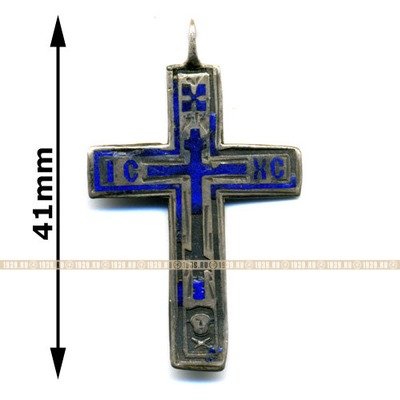 41 мм Старинный нательный крест из серебра 84 пробы времен Царской России с синей эмалью