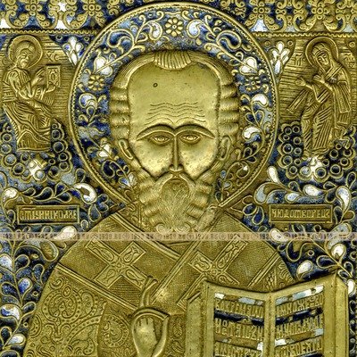 Огромная старинная литая икона Святитель Николай Чудотворец в трех эмалях, высота 26,5 см !!!